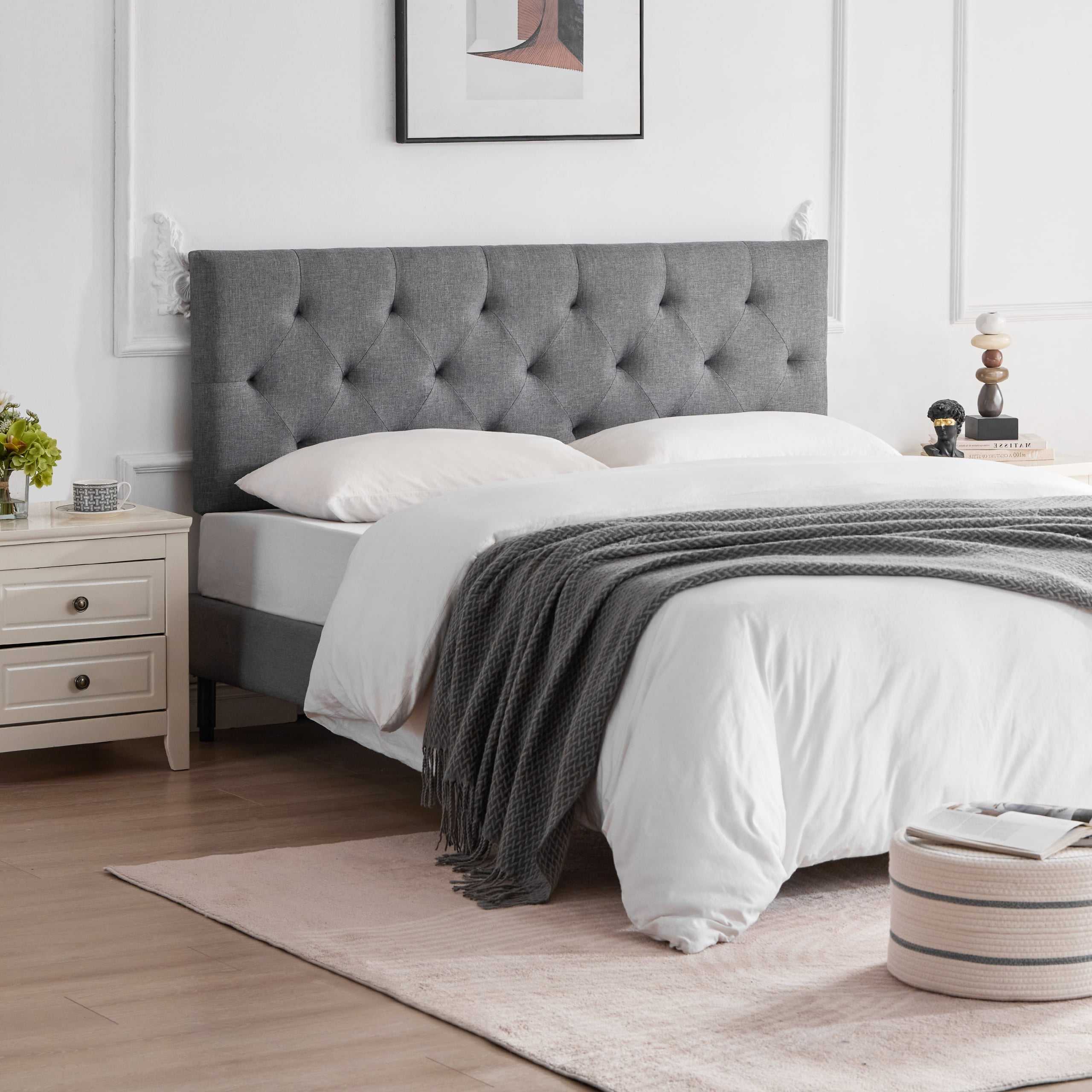 Weture Linen Upholstered Full Headboard, Modern Panel, Light Grey