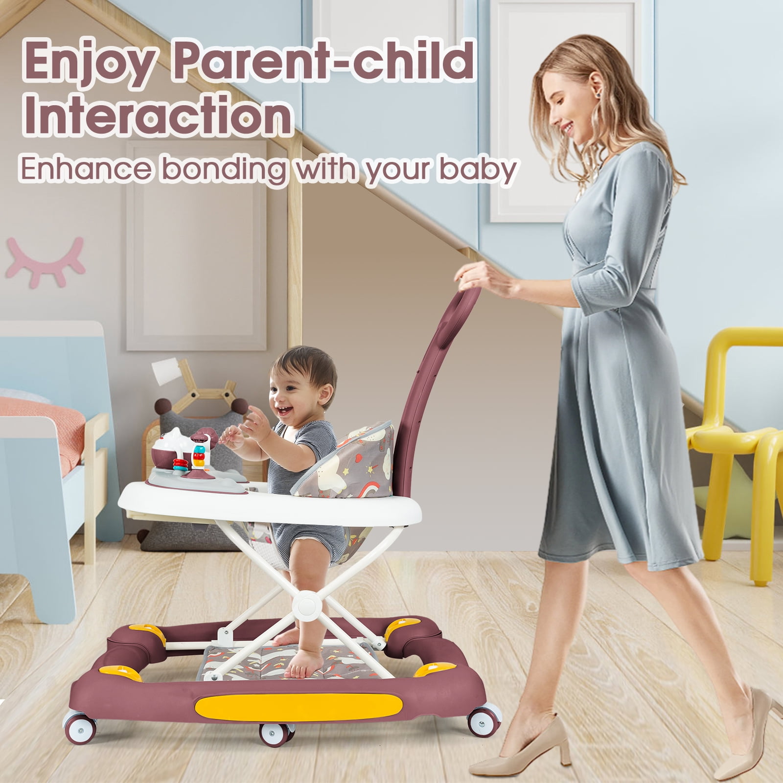 FACNOATIHN 6-in-1 Baby Walker, Foldable Push Walker with Musical Activity Station, 6-24 Months, Red