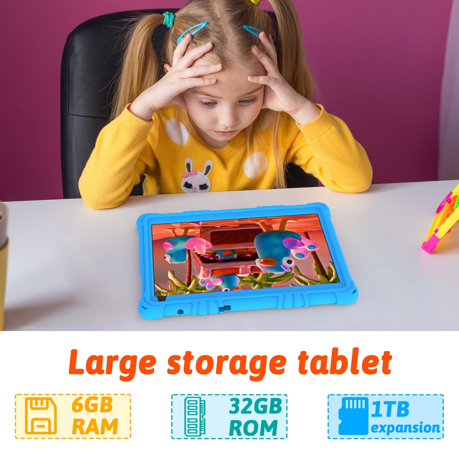 Android 15 Kids Tablet 10 inch Tablet for Kids, Toddler Tablets with Shockproof Case, 6GB RAM 32GB ROM 1TB Expand, Parental Controls, Kids Space, Child Learning, WiFi, 6000mAh, Dual Camera, Blue