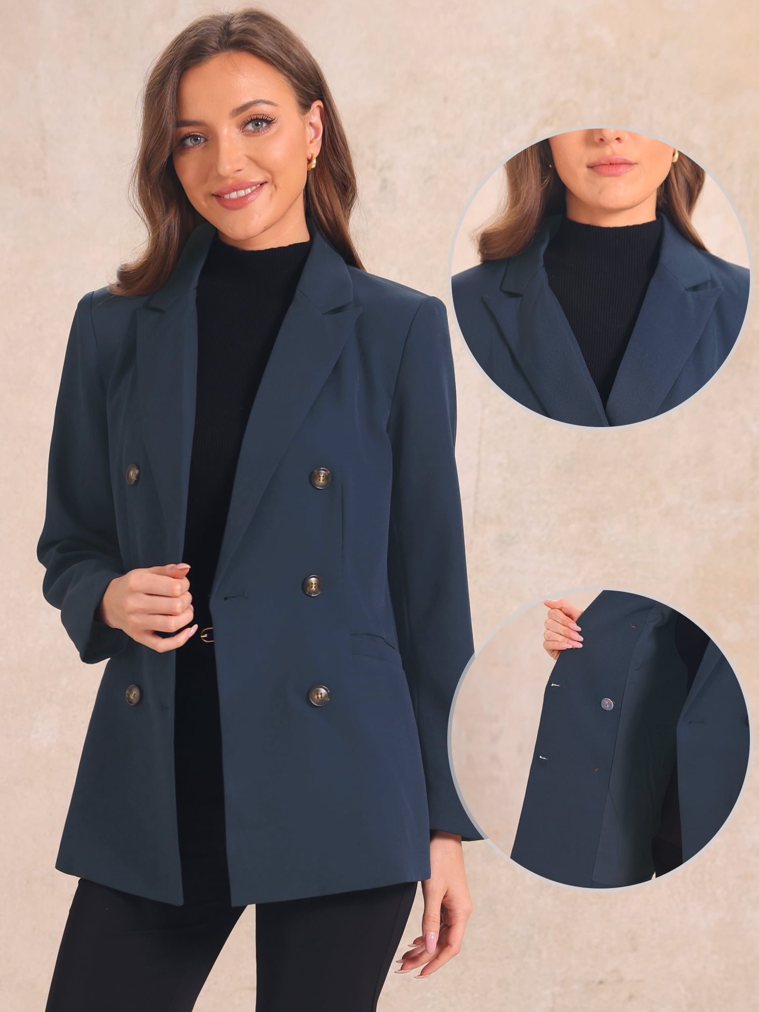 DARING DIVA Women's Lapel Collar Shoulder Pads Double Breasted Blazers XS Dark Blue