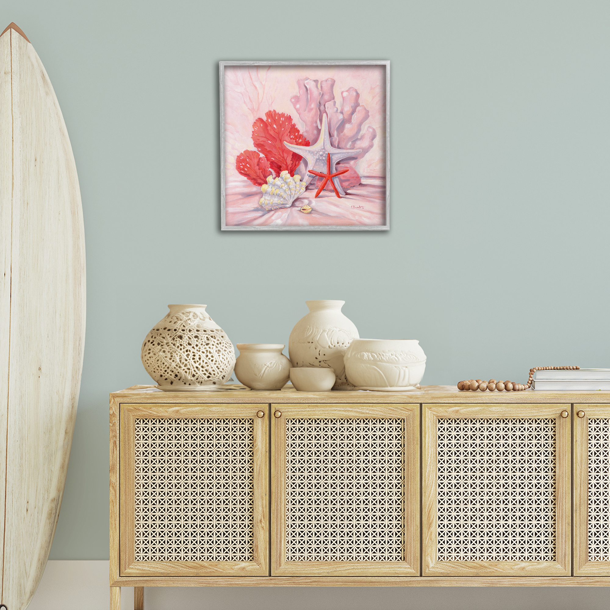 Stupell Industries Pink Gathered Sea Life Animals & Insects Painting Gray Framed Art Print Wall Art, 24 x 24