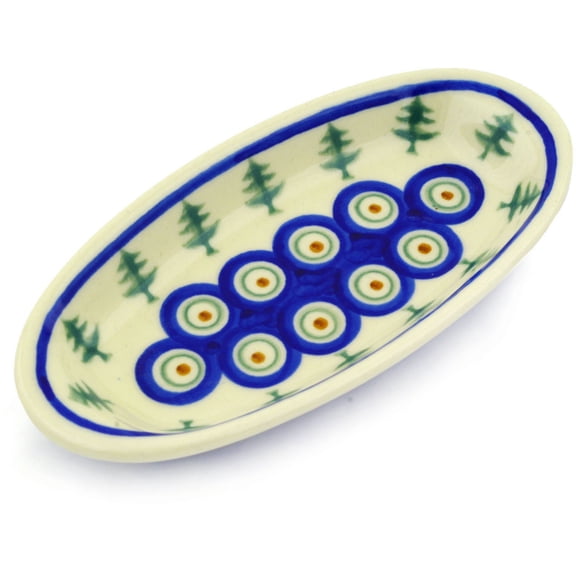 Polish Pottery 6½-inch Condiment Dish (Peacock Pines Theme) Hand Painted in Boleslawiec, Poland   Certificate of Authenticity