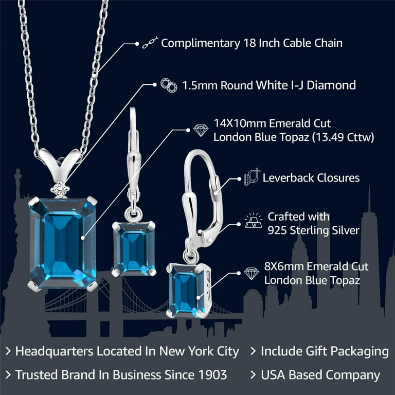 18K Yellow Gold Plated Silver Blue Created Sapphire Pendant Earrings S-1030375