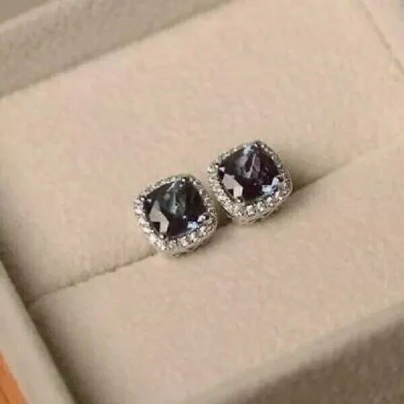 4Ct Cushion Cut Alexandrite Halo Engagement Stud Earrings 14K White Gold Over