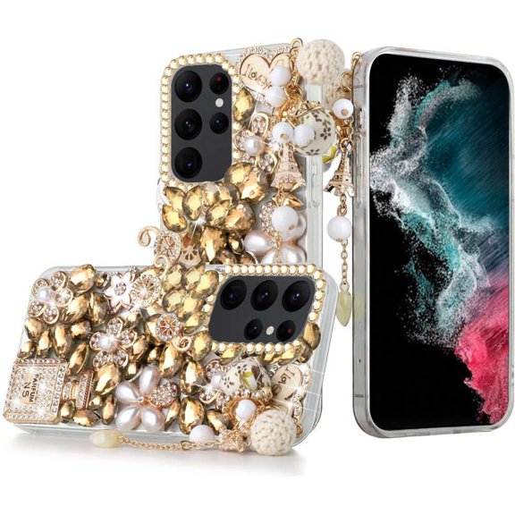 HR Blind Diamond Protective Case for Galaxy S23 Plus - Gold Silver Eiffel Tower Charms