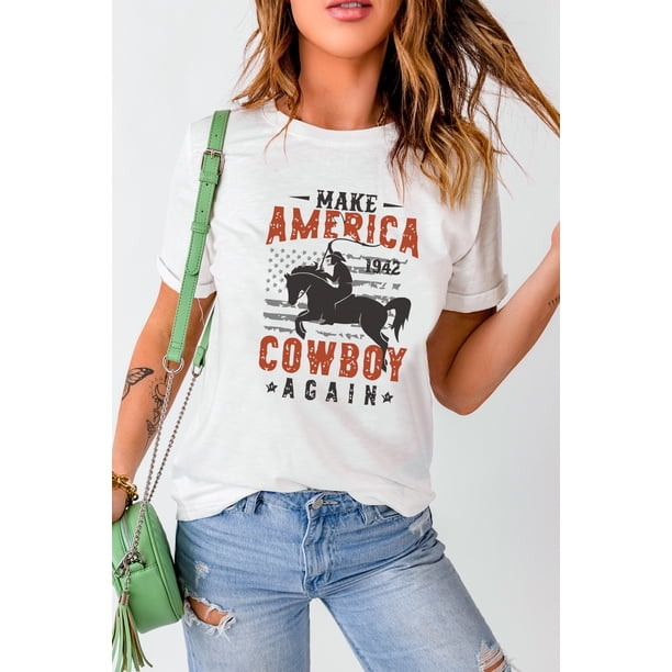 ABPHQTO Camiseta blanca con cuello redondo y estampado gráfico de vaquero americano para mujer