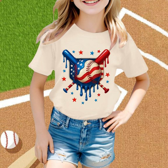 Girl Shirts Unisex Ice Baseball Print Short Sleeve Round Neck Top Everyday Sports Wear Toddler Girls Clothes Beige 3-4Y