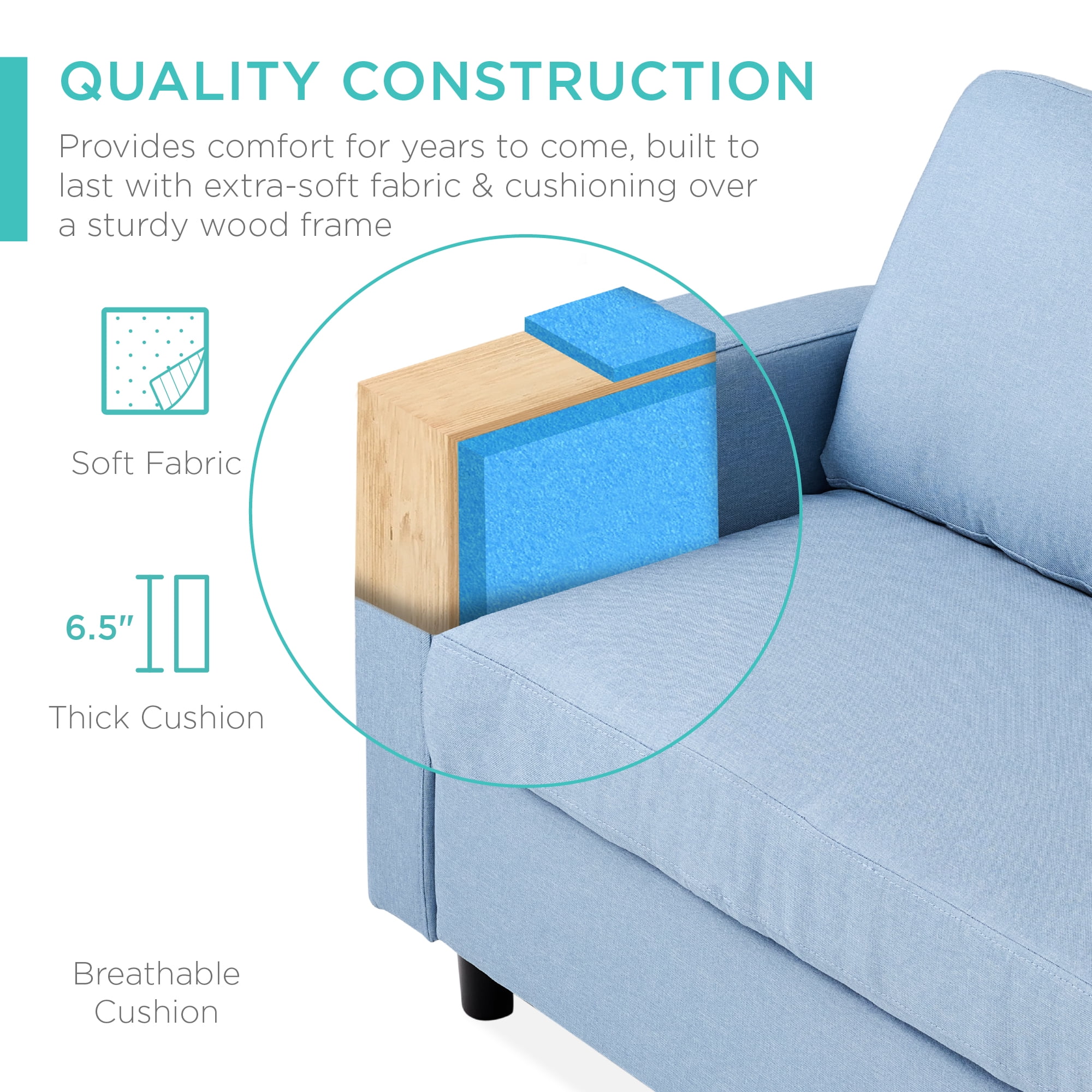 Best Choice Products Linen Sectional Sofa Couch w/ Chaise Lounge, Reversible Ottoman Bench - Light Blue
