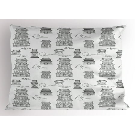 - Ancient China Pillow Sham Hand Drawn Images of Asian Architecture Style Houses and Clouds Pagodas, Decorative Standard King Size Printed Pillowcase, 36 X 20 Inches, Black White, by Ambesonne