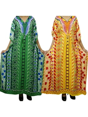 Mogul Bohemian 2 PC Green Yellow Maxi Caftan Kimono Sleeves Printed Cover UP Nightwear Kaftan Long Dress 4X