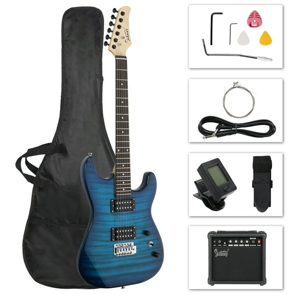 GST Stylish H-H Pickup Tiger Stripe Electric Guitar Kit with 20W AMP Bag Guitar Strap Blue