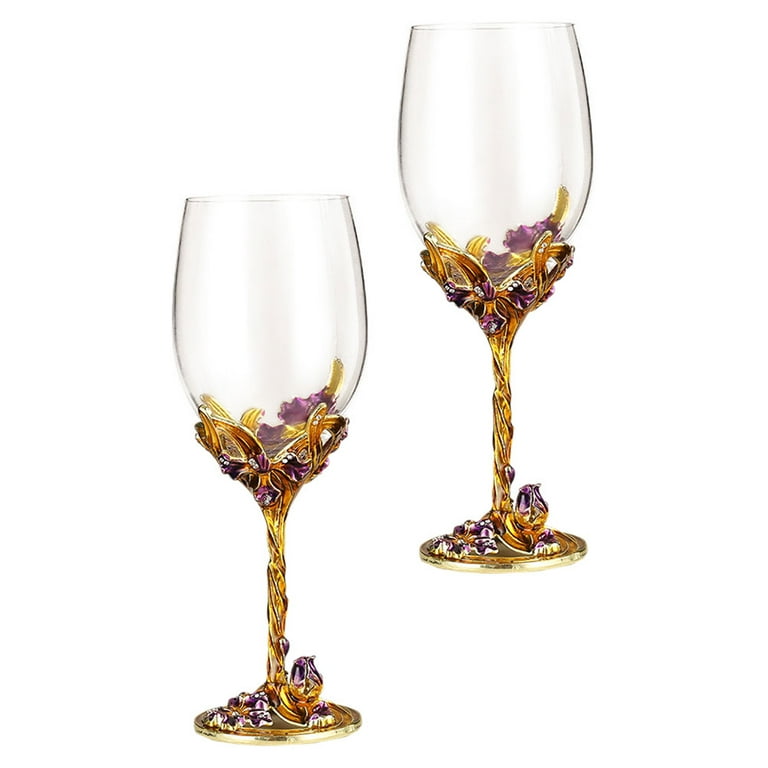 Wine Glasses Crystal Red Wine Glasses Elegant Champagne Glasses Enamels  Floral Decorative Goblets(Golden /2 set(gift box))