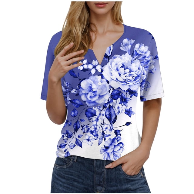 Blusas de Manga Corta para Mujeres Impresas Cuello Redondo Casual, Top de Algodón de Imitación para el Hogar Y el Uso Diario