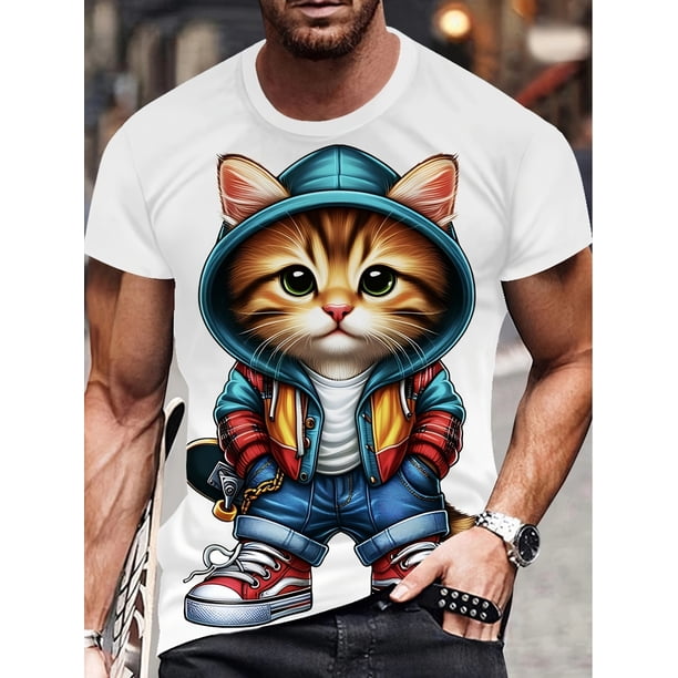 3D Men's Fashion Casual Round Neck T-shirt with Exquisite 3D Standing Cat and Kitten Print, Suitable for Daily Wear in Summer