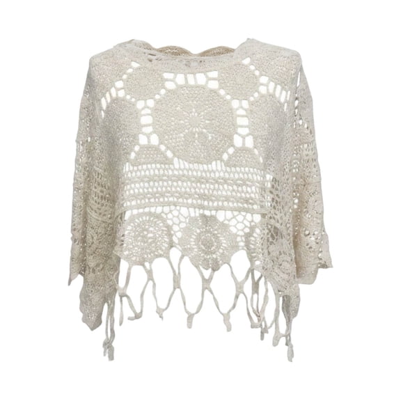 Women's Plain Fringe Trim Cut Out Sheer Cover Up, Boho Scallop Sarong 3/4 Sleeve Round Neck for Beach Vacation, Travel