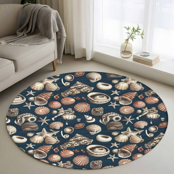 Coastal Shell Starfish Round Rug 3ft Washable Circle Entryway Rugs Non Slip Vintage Ocean Summer Seaside Area Rug Indoor Floor Carpet for Bedroom Kitchen Living Room Home Office Dining Room Nursery