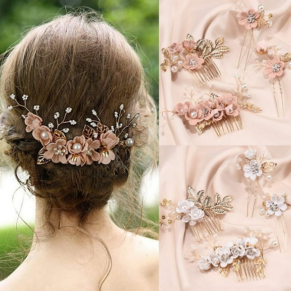 4PCS Bridal Flower Wedding Hair Pins Crystal Pearl Hair Clips Headpiece Gold Wedding Hair Accessories Jewelry with Rhinestone for Brides Bridesmaids Women Girls Updo, Special Cream Blue
