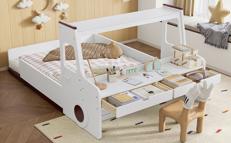 Eyisean Full Size Wooden Low Platform Floor Bed Frame with Fun Car-Shape & 2 Storage Drawers, Multi-functional Durable Race Car Beds with Desk Area, Easy Assembly for Bedroom, Apartment