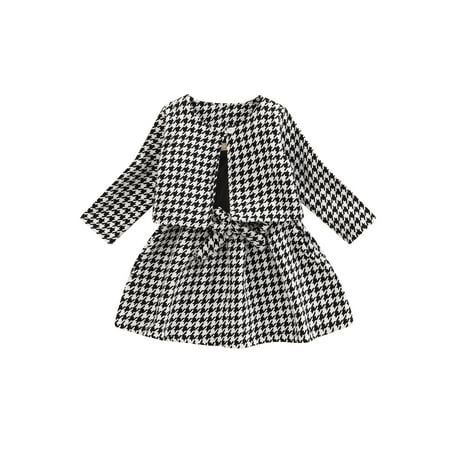 

Frobukio 2Pcs Kids Little Girls Dress Set Houndstooth Printed Pattern Single Long Sleeve Patchwork Dress + Outwear Coat Black 18-24 Months