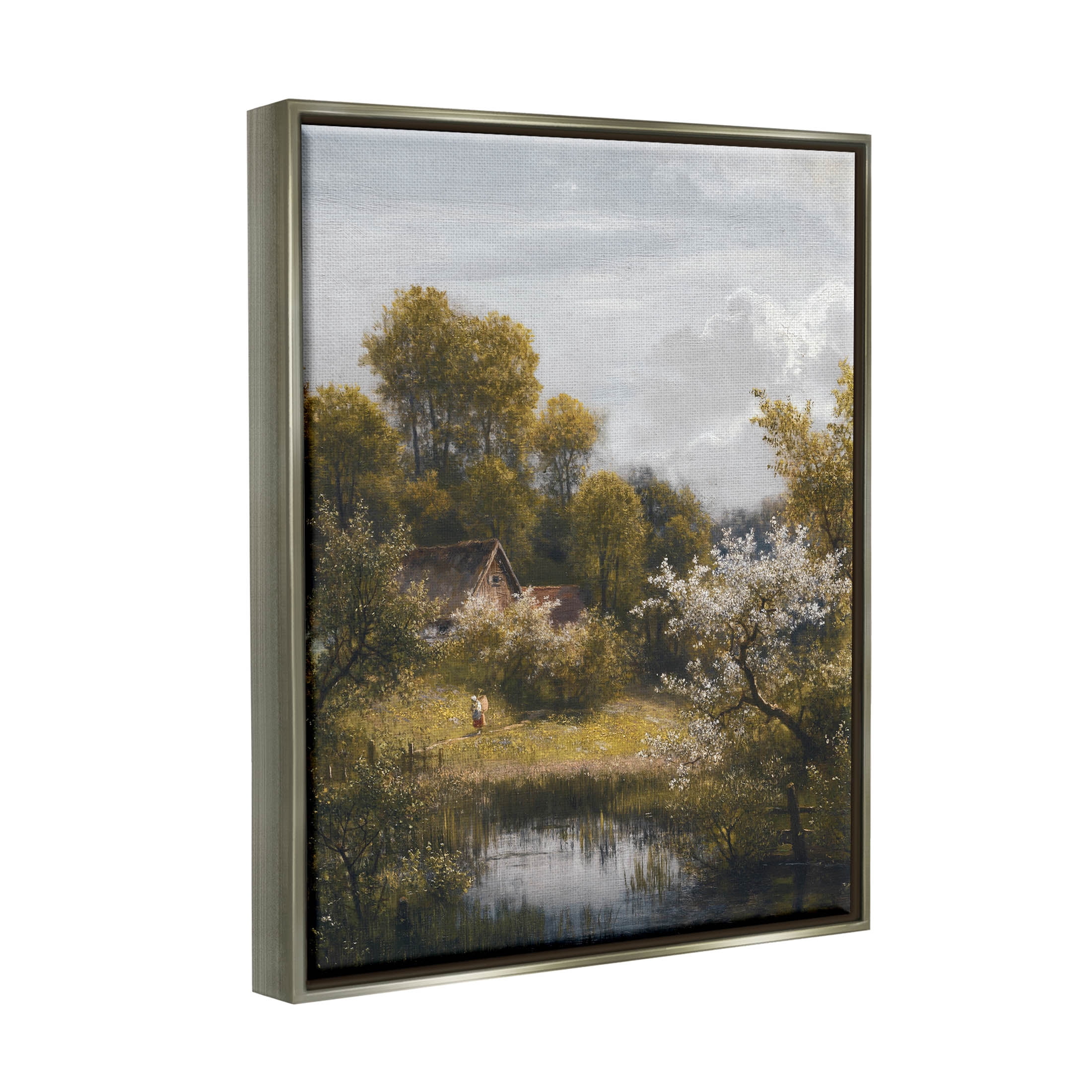 Classic Cottage Backyard Pond Landscape Painting Luster Gray Framed Art Print Wall Art