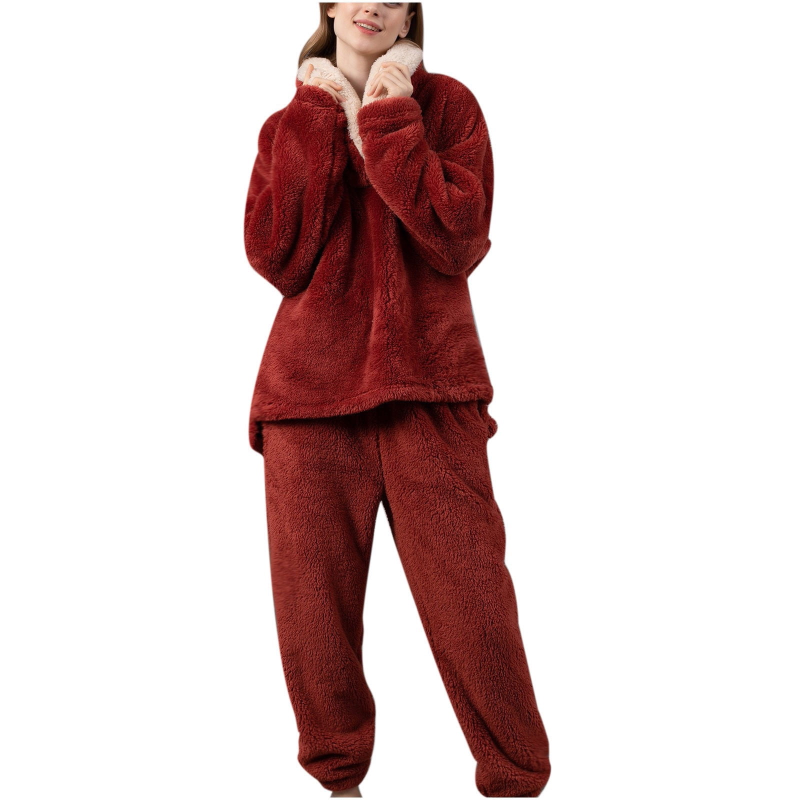 Malajisi Womens Winter Warm Fluffy Pajamas Set Fleece Plush Fuzzy Loose  Loungewear Sleepwear