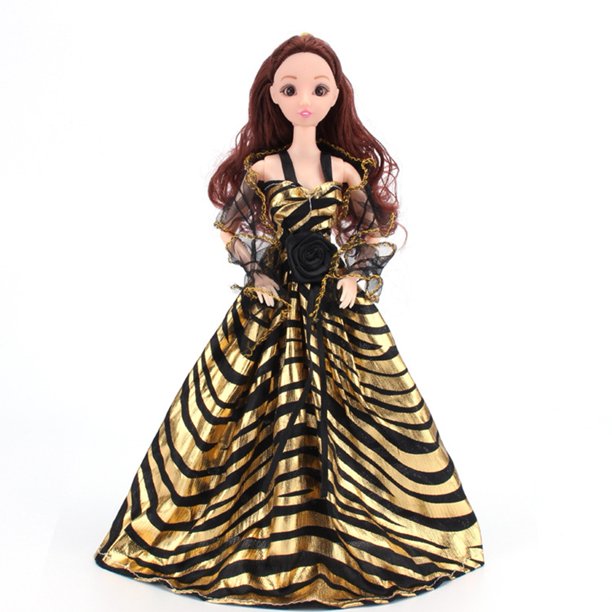 Gorgeous Gold Party Wedding Gown Princess Evening Dress With Lace Decoration For Dolls Color Large Stripes Height Suitable For 29 30 Cm Dolls