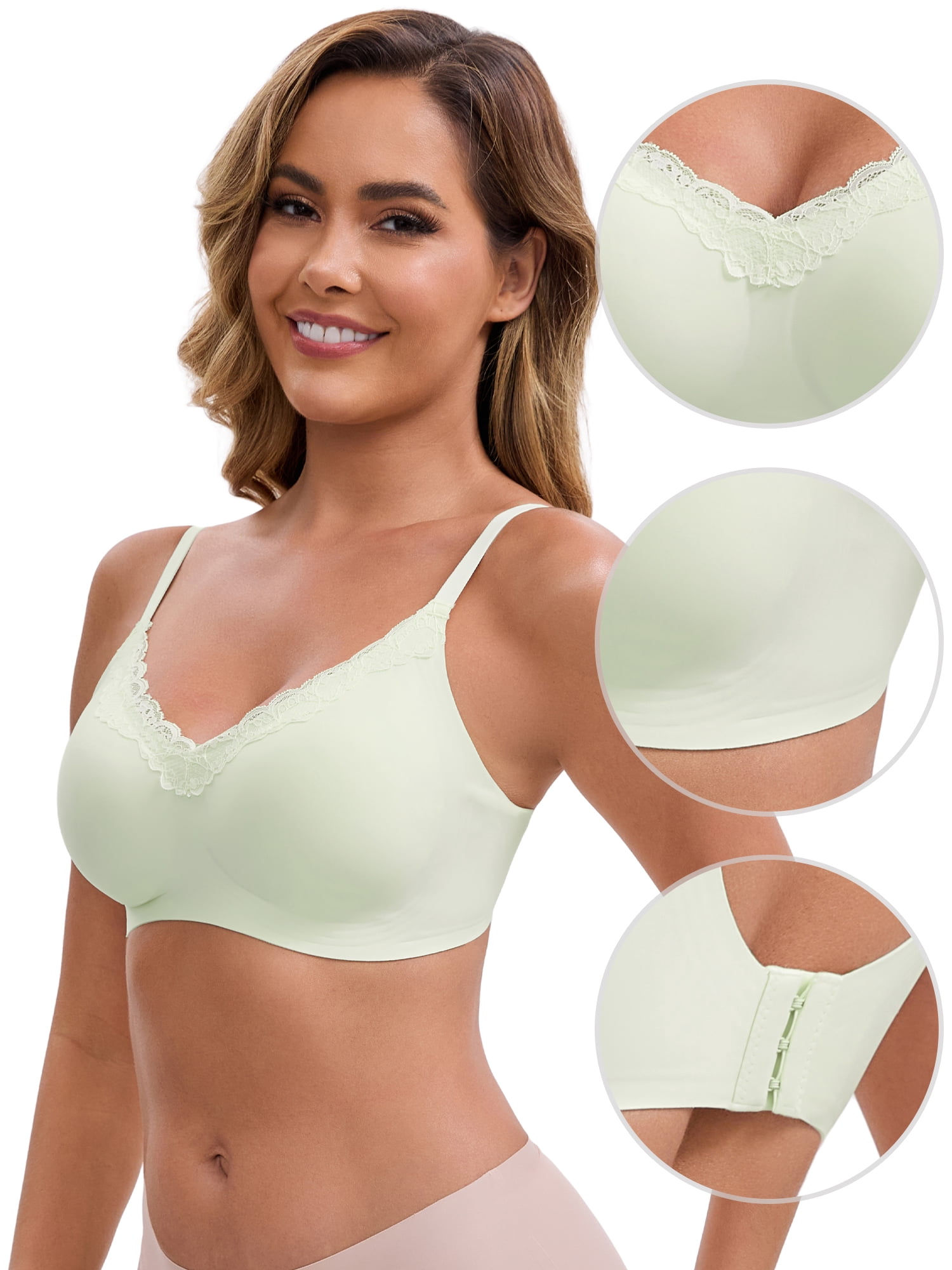 DARING DIVA Lace Trim V-Neck Wireless Bra Adjustable Spaghetti Straps Lift Up M Green