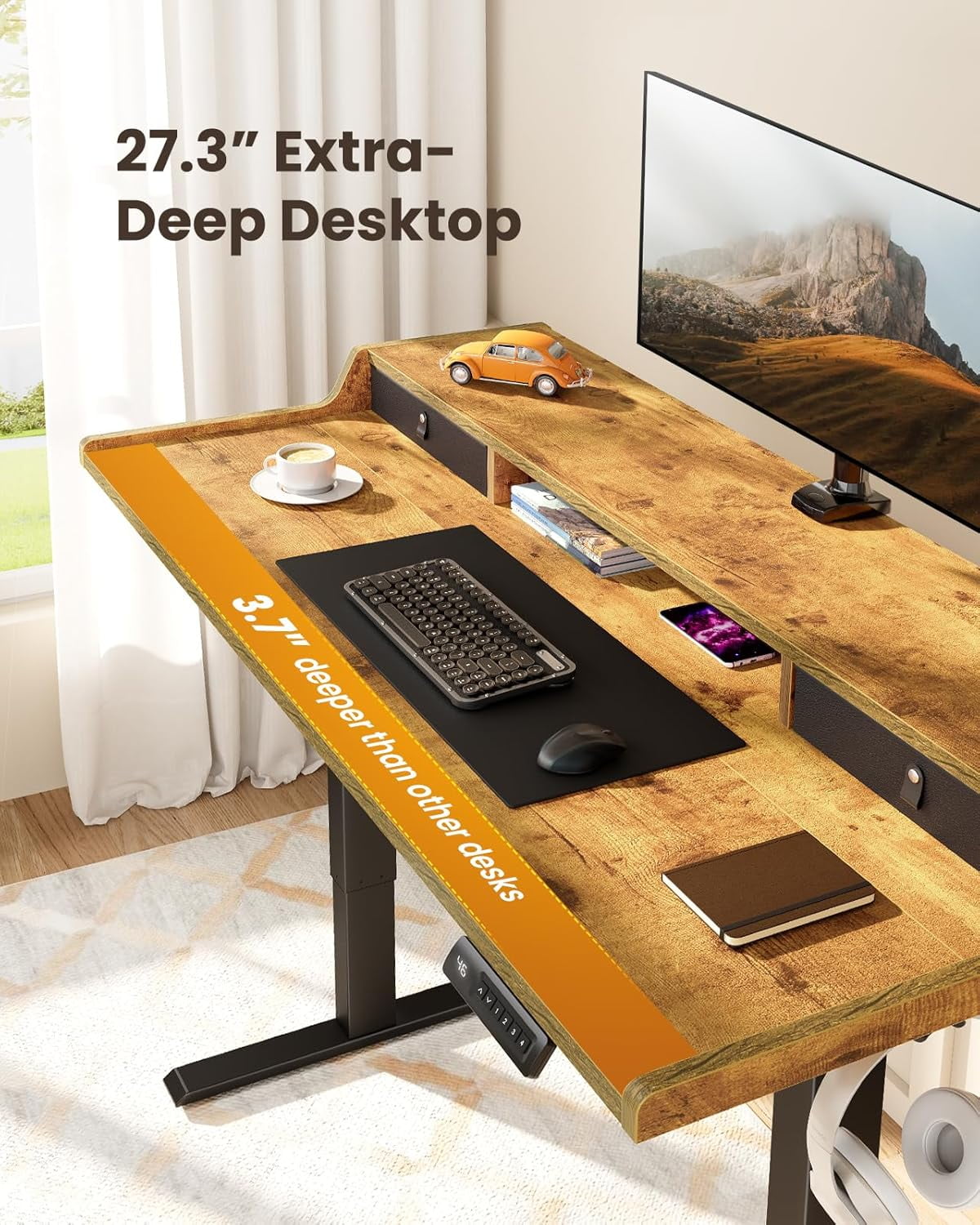 CHITOOMA 55" x 28″ Electric Standing Desk with Drawers, Height Adjustable Gaming Desk with Monitor Stand & Storage Shelf, 4 Preset Heights for Home Office, Brown