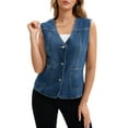 thumbnail image 2 of INSPIRE CHIC Women's Vest Denim V Neck Patch Pockets Button Down Sleeveless Jean Jacket M Dark Blue, 2 of 6