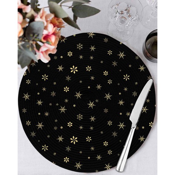 13 Inch Round Placemats Set of 6, Christmas Black Non Slip Heat Insulation PP Table Mats, Winter Snowflakes Xmas Retro Washable Place Mats for Kitchen Dining Party Table Decor