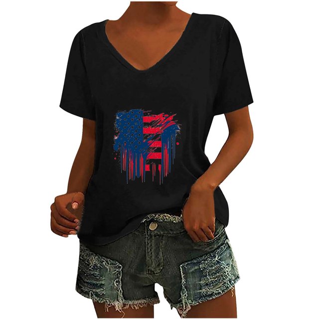 Camisetas Casuales de las Mujeres Gradiente Día de la Independencia Impreso Cuello Redondo, Blusa de Manga Corta para Diario, Fiesta Y Primavera Verano