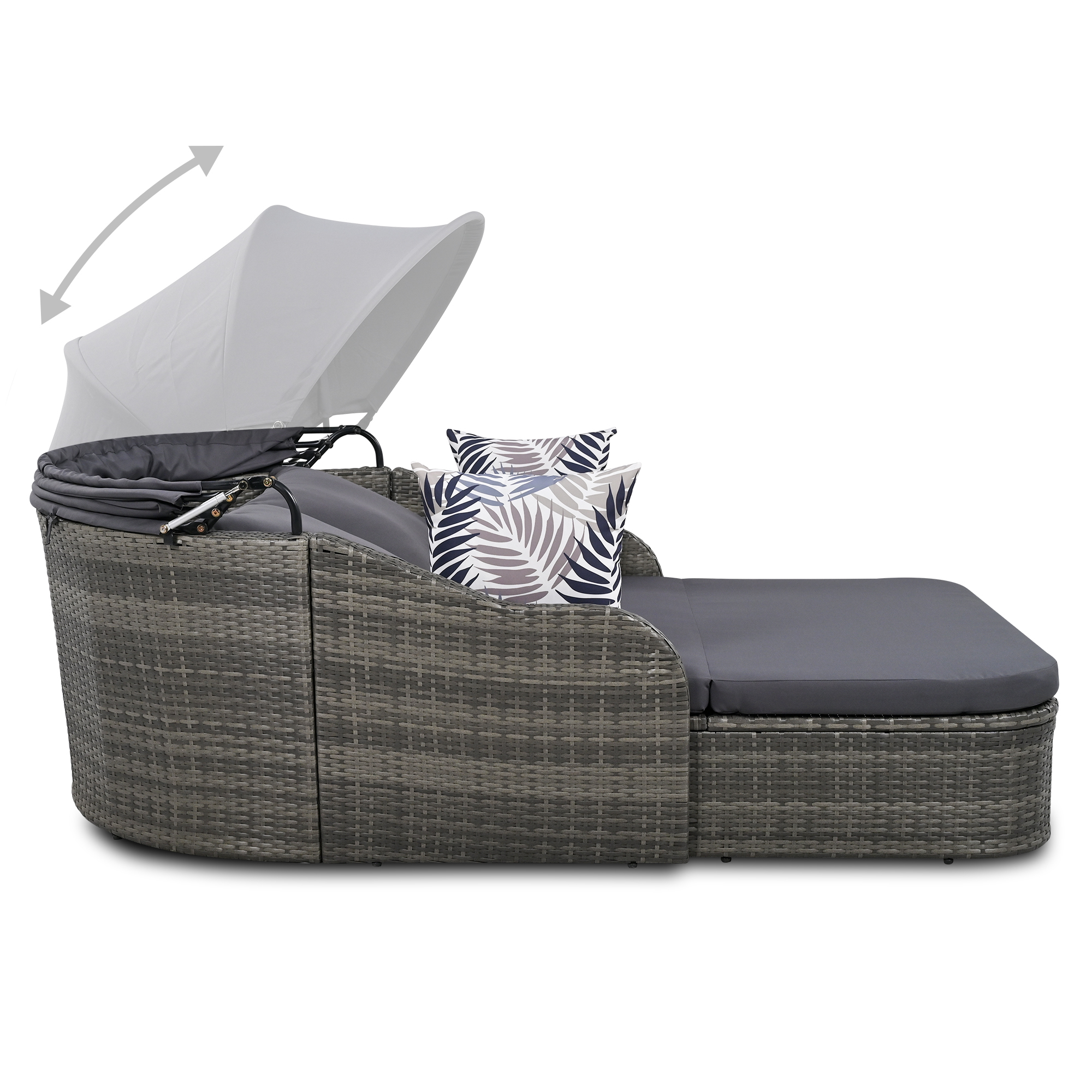 80" Outdoor Sunbed with Adjustable Canopy,Sectional Rattan Round Bed with Double lounge,Gray
