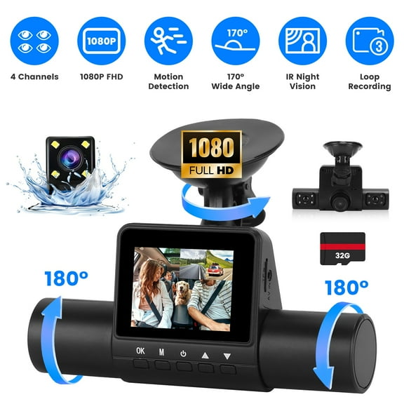 Imountek 4 Channel Dash Camwith 32GB Card, 360° View FHD 1080P Front, 480P Rear & Interior Camera, IR Night Vision, Motion Detection, Loop Recording