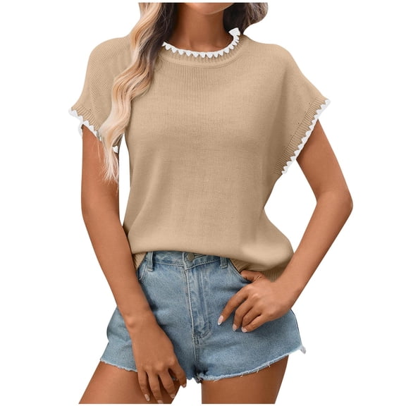 XFLWAM Womens Cap Sleeve Sweater Vest Crew Neck Short Sleeve Sweaters Spring Summer Trendy Casual Knit Tops