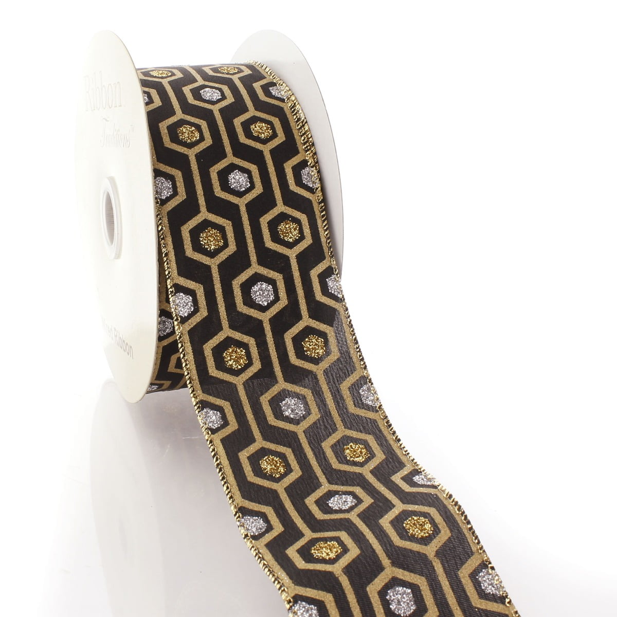 Ribbon Traditions 2 1/2" Wired Ribbon Black/Gold Glitter Hex - 25 Yards