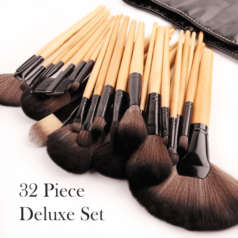 Deluxe 32Piece Wooden Makeup Brush Set with Travel Roll