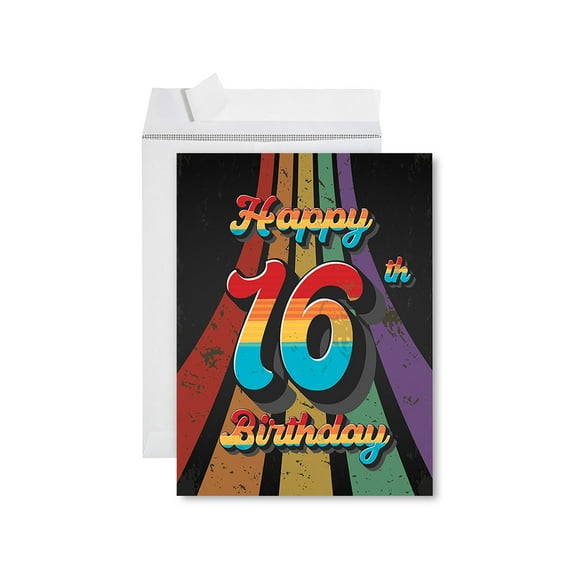 Koyal Wholesale Jumbo Happy Birthday Card with Envelope, Vintage Rainbow Happy 16th Birthday Card with Blank Space, 1-Pk
