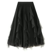 SWSMCLT Women's Tulle Skirt Long Vintage Pleated Skirt Ruffle High Waist Flowy Black One Size