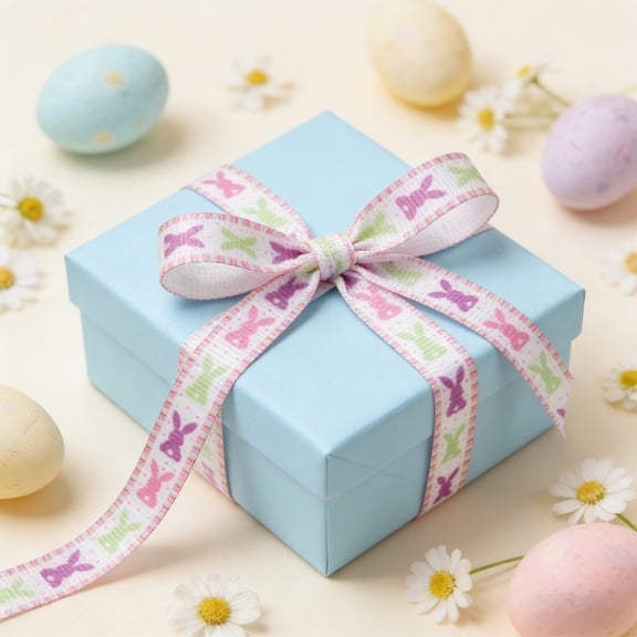 Easter Themed Ribbon Roll, Polyester Craft Ribbon with Egg Bunny Checkered Patterns, Versatile for Gift Wrapping Wreath Making DIY Projects, Spring Holiday Decor