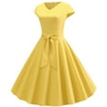 thumbnail image 3 of Yellow Dresses Vintage V Neck Short Sleeve Solid Color Casual Dress Cocktail Evening Dress Prom Dresses 2024, 3 of 5