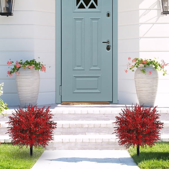 2Pcs Outdoor Artificial Boxwood Shrubs with Ground Insert, Plastic Greenery Plants for Porch Garden Patio, Fake Hedge Decorations Harlik