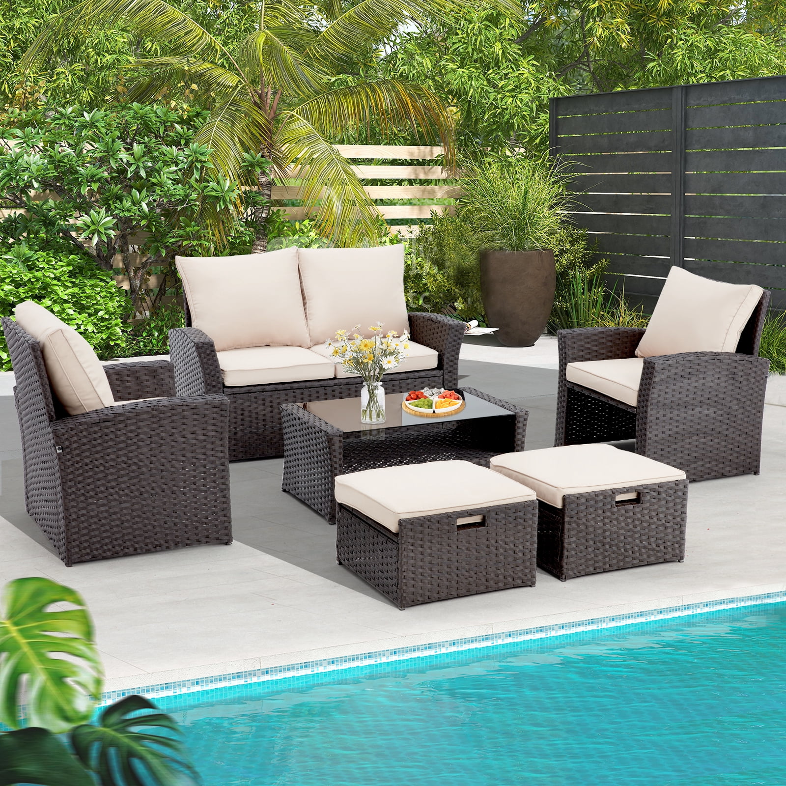 6 Pieces Patio Furniture Set, Outdoor Sectional Conversation Rattan Sofa Set with Ottoman and Outdoor Storage Table for Garden, Porch, Backyard (Kahki）