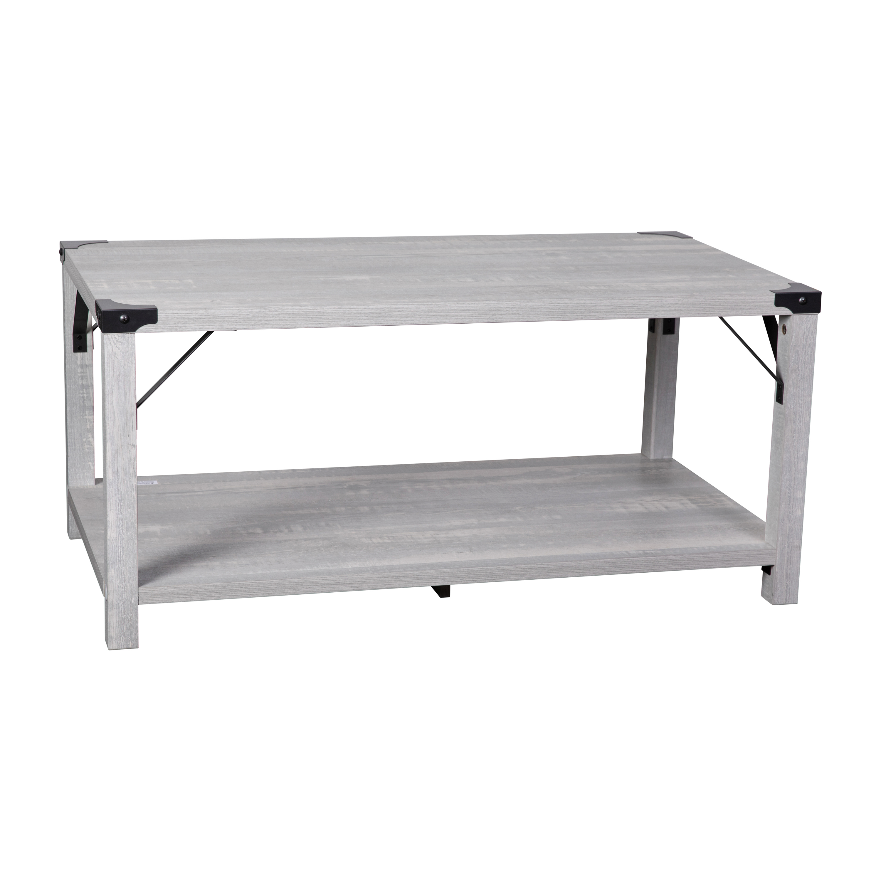 BizChair Modern Farmhouse Wooden 2 Tier Coffee Table with Black Metal Corner Accents and Cross Bracing, Aspen Gray
