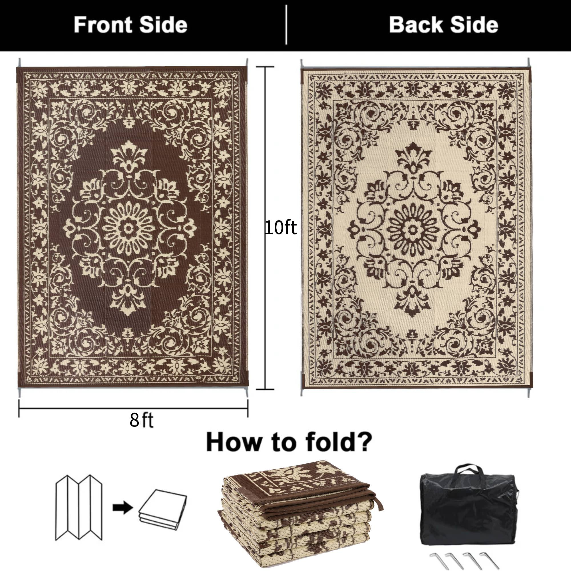Findosom 8'x10' Boho Mandala Outdoor Rug Patio Rug Large Reversible Plastic Straw Rug RV Outdoor Mat Waterproof Foldable Portable Camping Mat for RV,Patio,Backyard,Deck,Picnic,Beach Brown