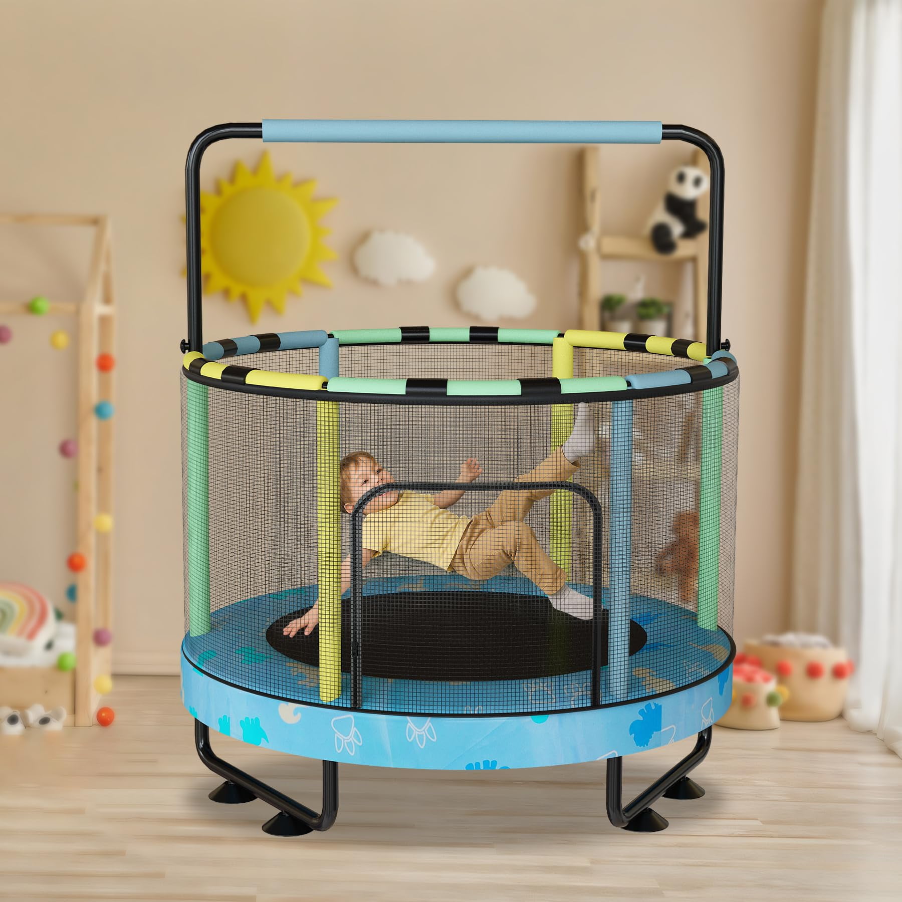 Baxluxe 55" Kids Trampoline with Safety Net, 7-in-1 Adjustable Height Design, 500lbs Weight Capacity for Indoor & Outdoor Use, Fun Mini Trampoline for Children Ages 3-8 Years Old, Blue