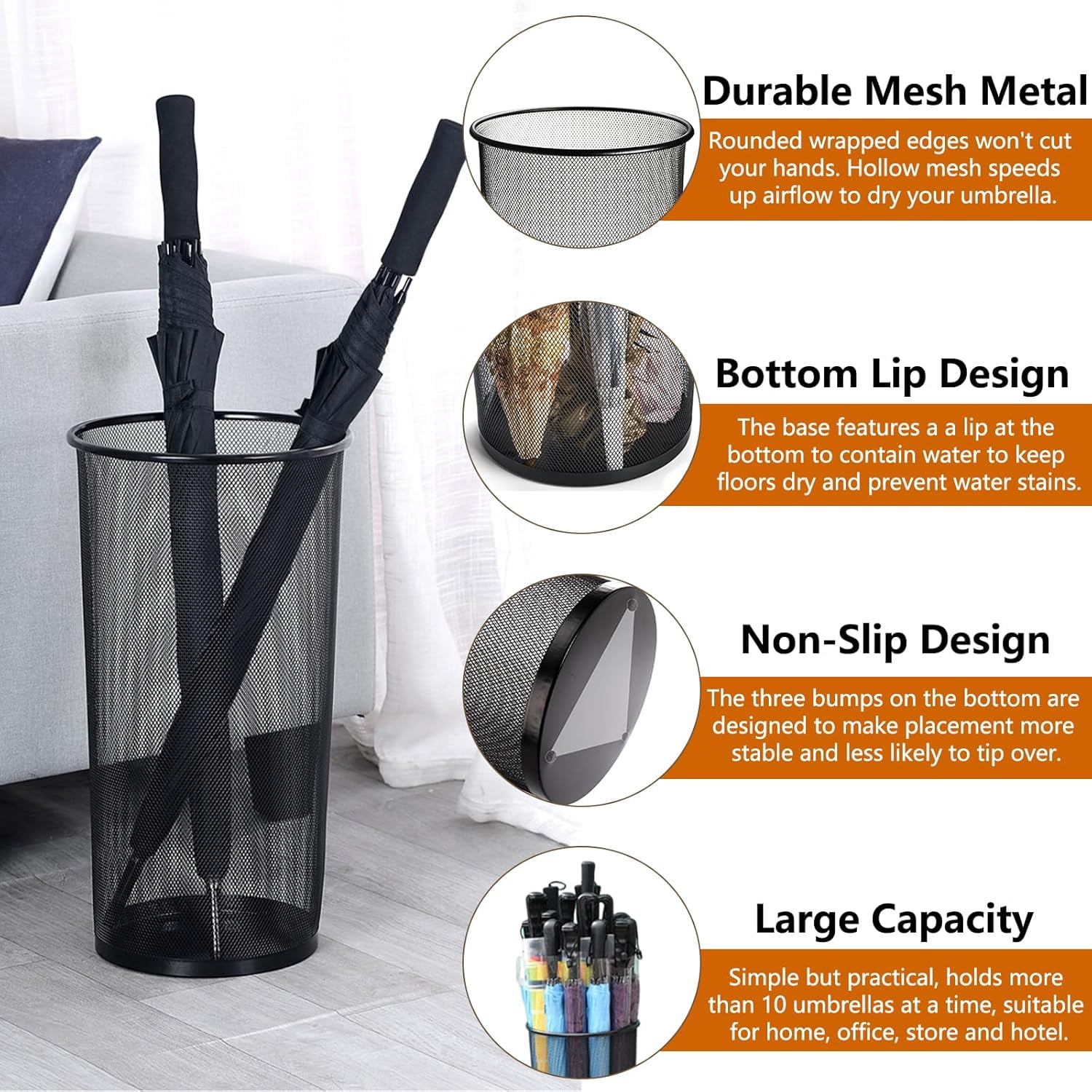 Large Umbrella Holder, Metal Mesh Umbrella Stand, Freestanding Bucket for Umbrellas, Canes, Walking Sticks, Wrapping Paper, Entryway, Home, Office, Hotel, Black