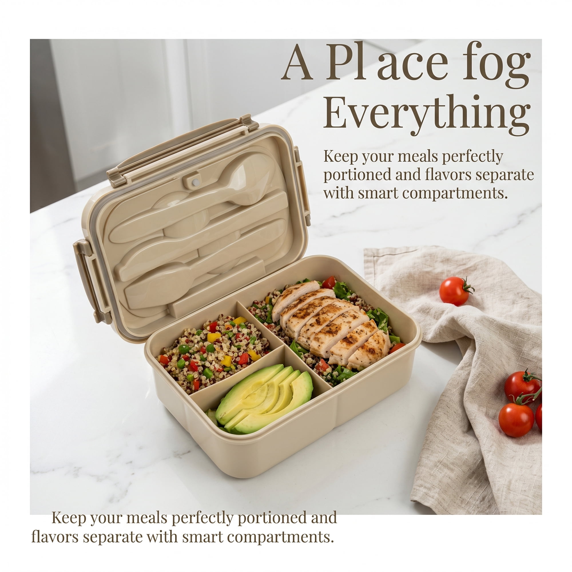 Unique Bargains 3-Compartment Leak-Proof  Lunch Bento Box with Utensils Khaki-1