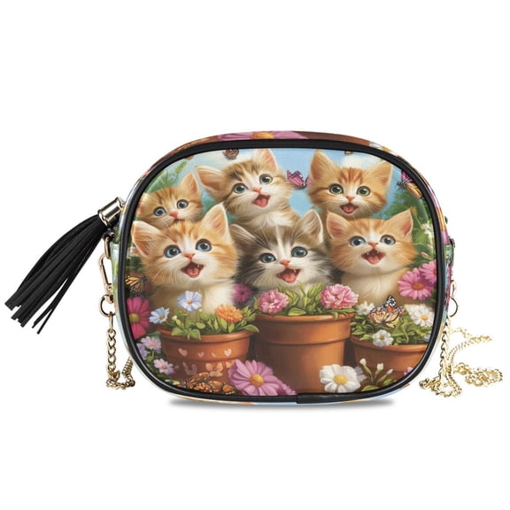 Womens Casual Chain Shoulder Bag Simple style Kittens in Flower Garden Crossbody Bag