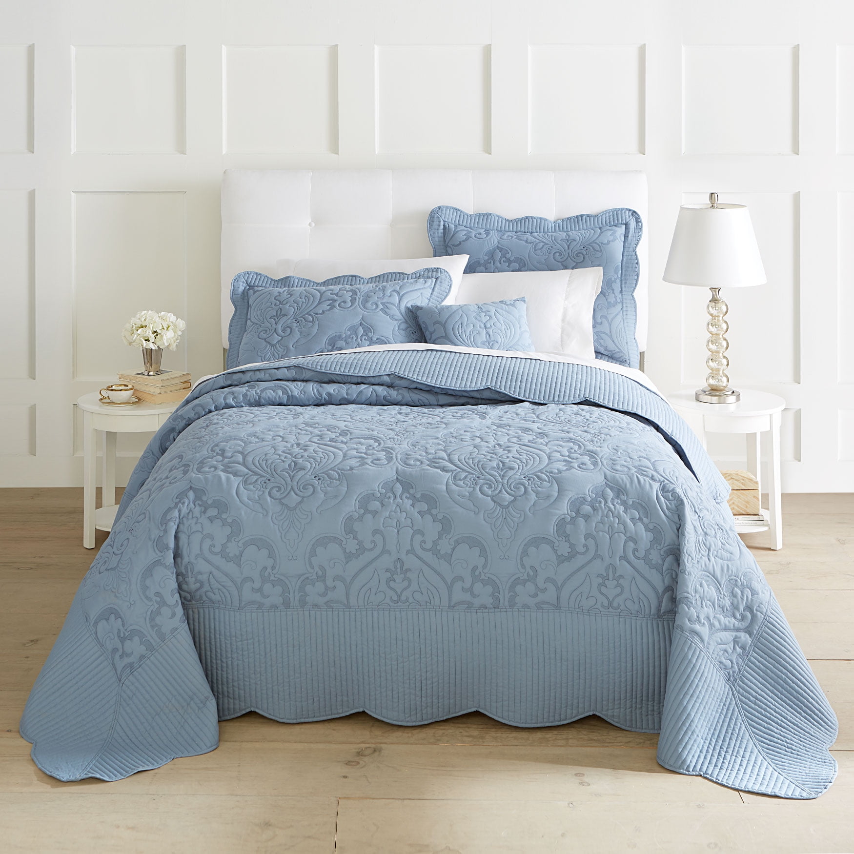 BrylaneHome Amelia Damask Polyester Bedspreads, Queen, Blue