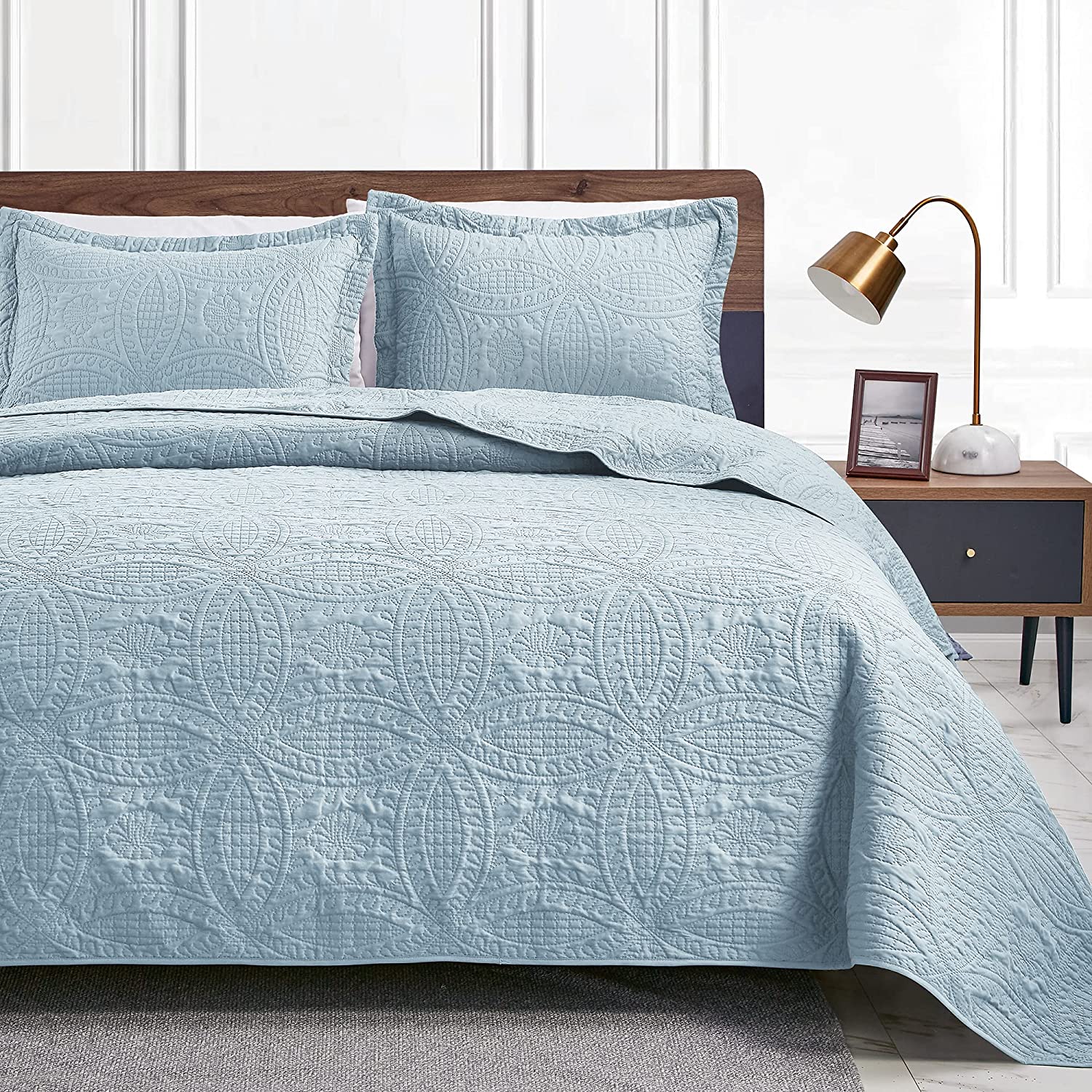 King Size Quilt Set SpaBlue Bedspreads Soft Bed Summer Quilt